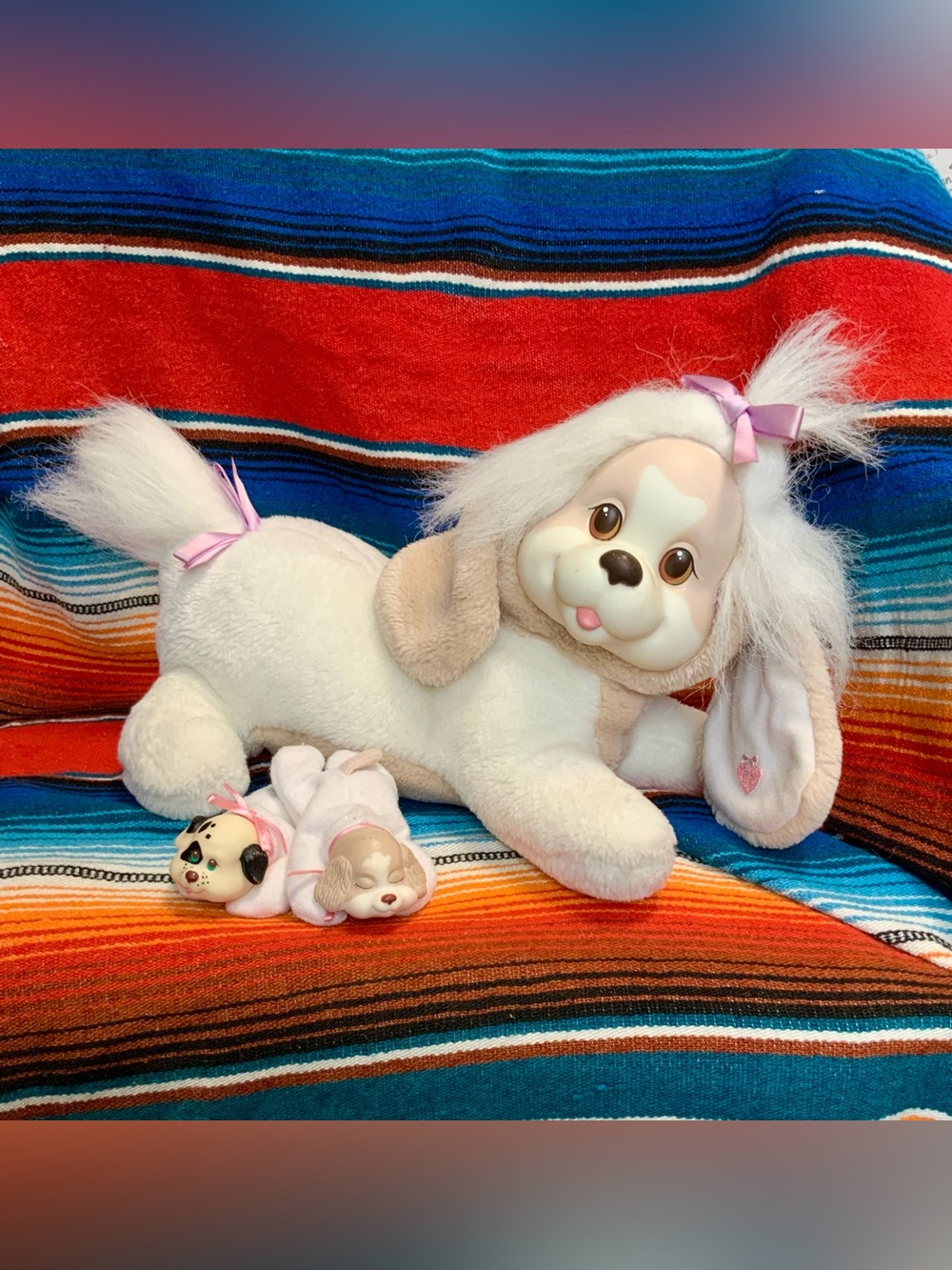 Vintage Puppy Surprise Mom Tan White Dog Plush 1991 Hasbro 2 Puppies Pink Bows